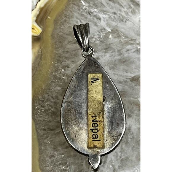 VTG 925 Sterling Nepal Silver Dark Green Malachite Stone Teardrop Pendant 5.5g - Picture 4 of 9
